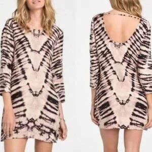Billabong Gypsy Daze Mini Dress small tie dye long sleeve boho tan black